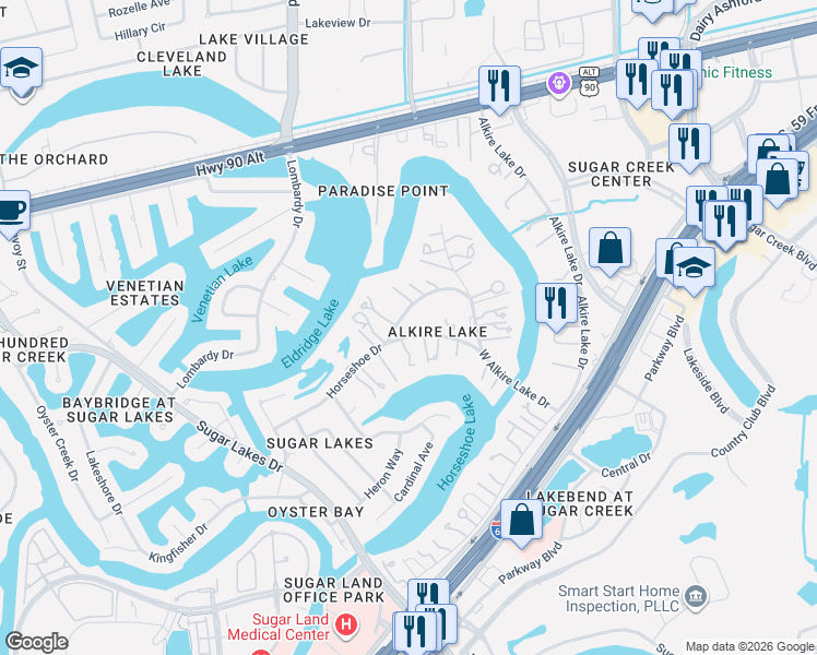 map of restaurants, bars, coffee shops, grocery stores, and more near 1307 Horseshoe Drive in Sugar Land