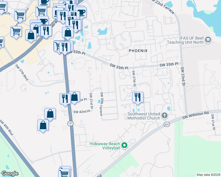 map of restaurants, bars, coffee shops, grocery stores, and more near 3604 Southwest 29th Terrace in Gainesville