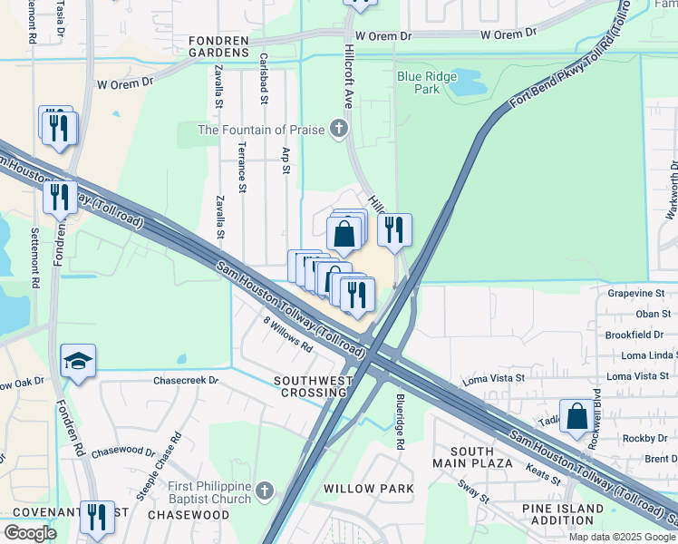 map of restaurants, bars, coffee shops, grocery stores, and more near 14440 Hillcroft Street in Houston