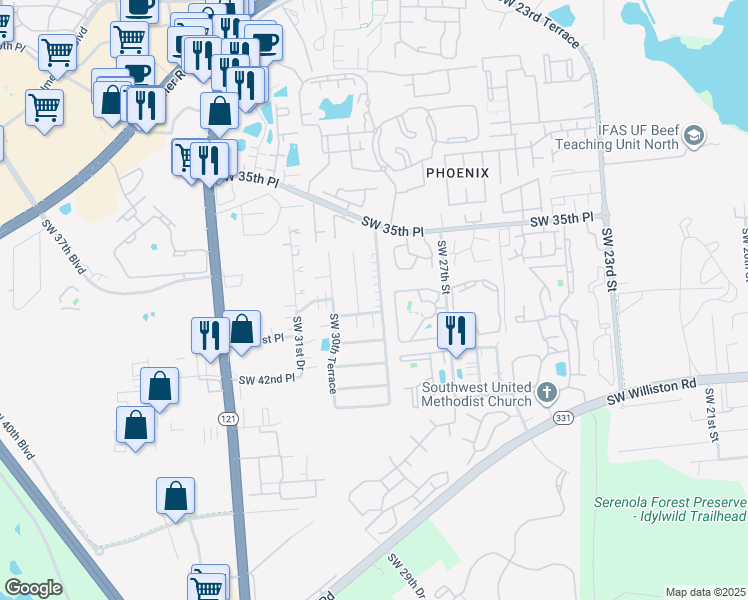 map of restaurants, bars, coffee shops, grocery stores, and more near 3611 Southwest 28th Terrace in Gainesville