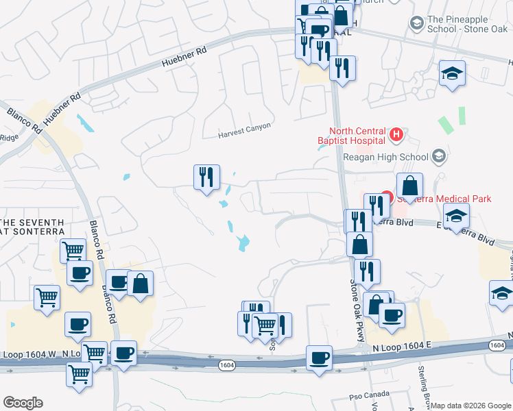 map of restaurants, bars, coffee shops, grocery stores, and more near 722 Contadora in San Antonio