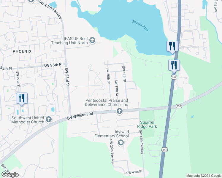 map of restaurants, bars, coffee shops, grocery stores, and more near 3821 Southwest 20th Street in Gainesville