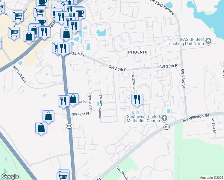 map of restaurants, bars, coffee shops, grocery stores, and more near 3604 Southwest 29th Terrace in Gainesville