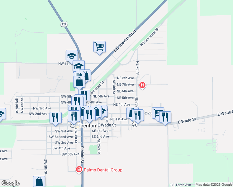 map of restaurants, bars, coffee shops, grocery stores, and more near 505 Northeast 6th Avenue in Trenton