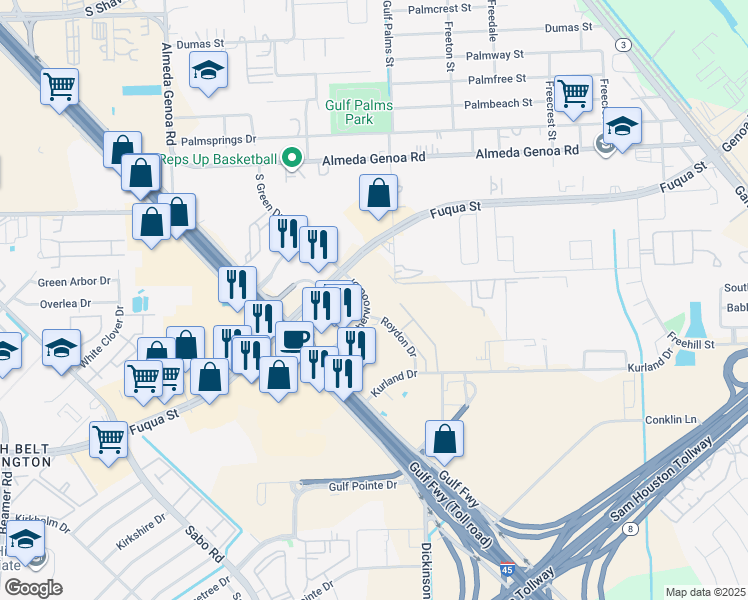 map of restaurants, bars, coffee shops, grocery stores, and more near 2621 Featherwood Drive in Houston