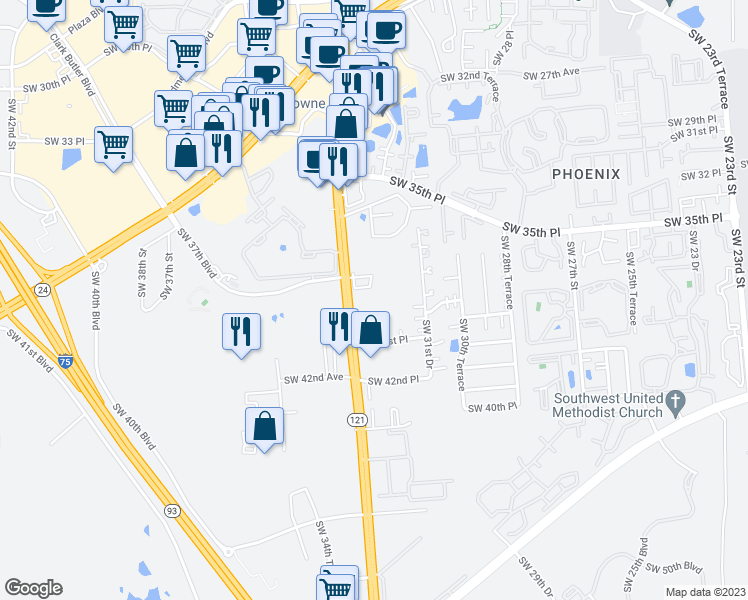 map of restaurants, bars, coffee shops, grocery stores, and more near 3811 Southwest 34th Street in Gainesville