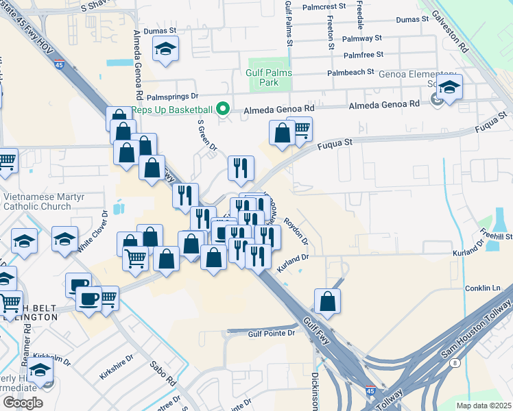 map of restaurants, bars, coffee shops, grocery stores, and more near 11550 Fuqua Street in Houston