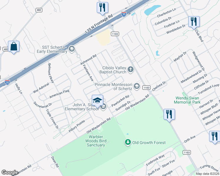 map of restaurants, bars, coffee shops, grocery stores, and more near 2956 Mineral Springs in Schertz