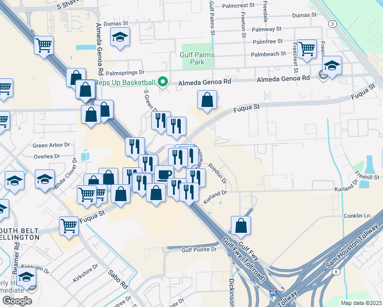 map of restaurants, bars, coffee shops, grocery stores, and more near 11550 Fuqua Street in Houston
