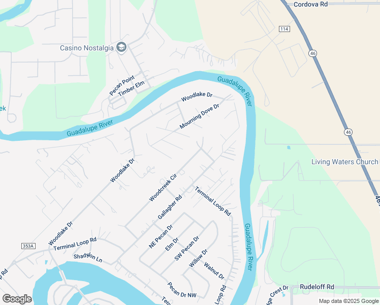 map of restaurants, bars, coffee shops, grocery stores, and more near 566 Woodcreek Circle in McQueeney