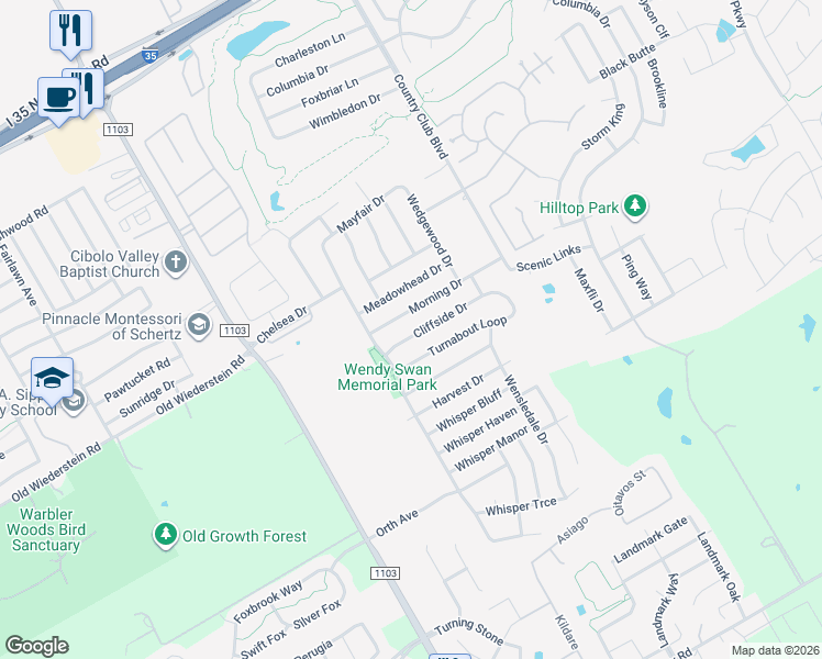 map of restaurants, bars, coffee shops, grocery stores, and more near 3326 Morning Drive in Schertz