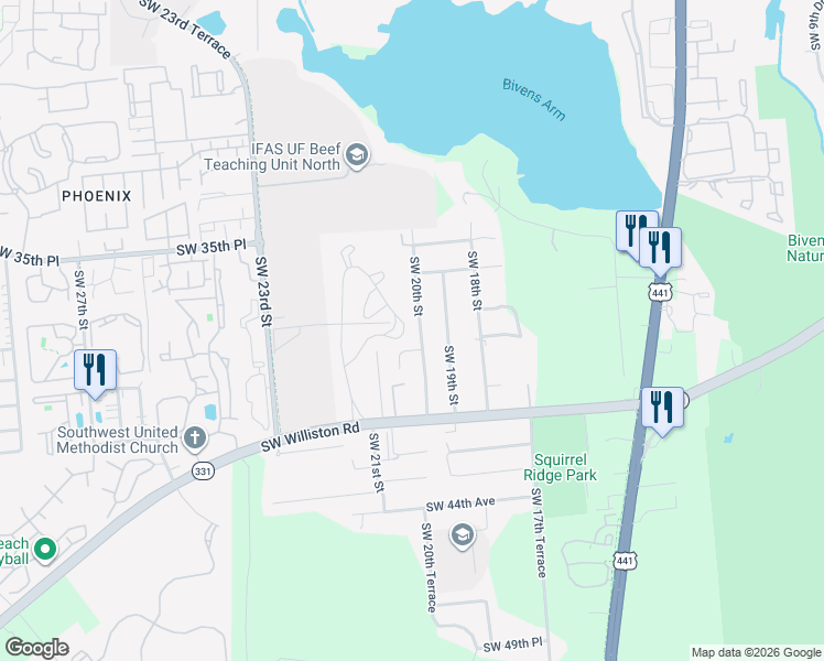 map of restaurants, bars, coffee shops, grocery stores, and more near 2105 Southwest 38th Court in Gainesville