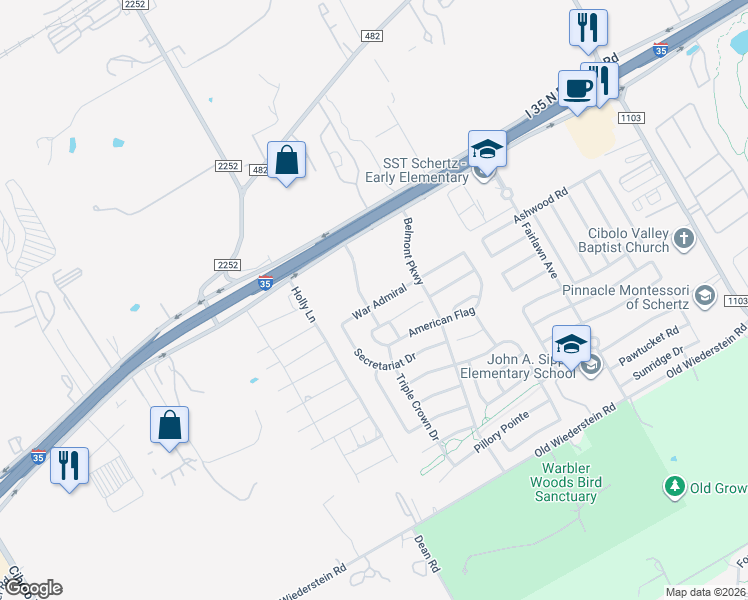 map of restaurants, bars, coffee shops, grocery stores, and more near 1021 Linden Grove Drive in Schertz