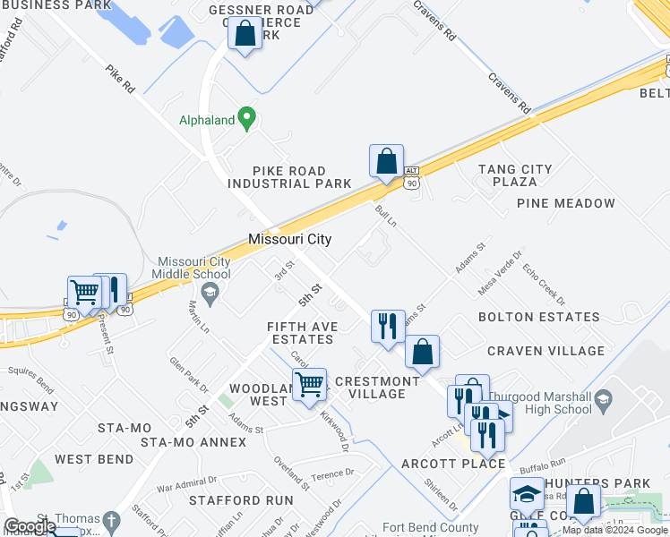 map of restaurants, bars, coffee shops, grocery stores, and more near 1522 5th Street in Missouri City