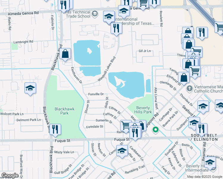 map of restaurants, bars, coffee shops, grocery stores, and more near 10181 Windmill Lakes Boulevard in Houston
