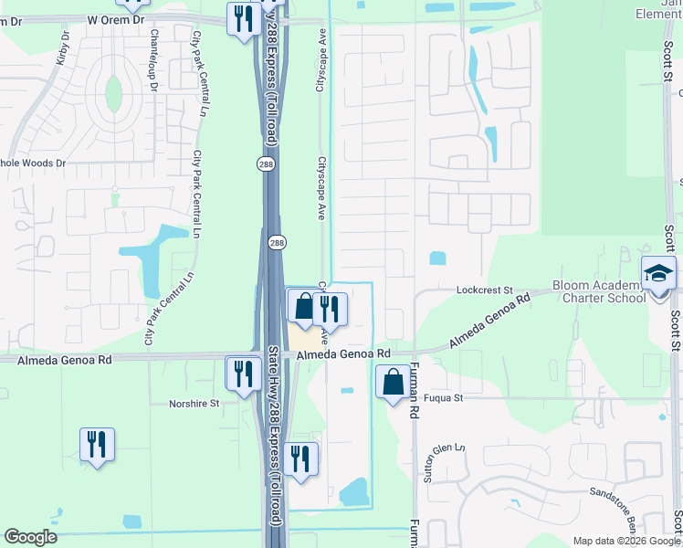 map of restaurants, bars, coffee shops, grocery stores, and more near 2606 Skyview Shadow Court in Houston