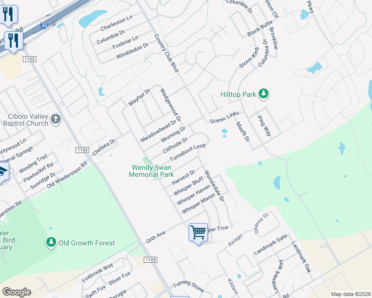 map of restaurants, bars, coffee shops, grocery stores, and more near 3418 Cliffside Drive in Schertz