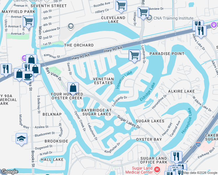 map of restaurants, bars, coffee shops, grocery stores, and more near 711 Salerno Street in Sugar Land