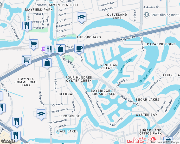 map of restaurants, bars, coffee shops, grocery stores, and more near 8231 Scenic Shore Ct in Sugar Land