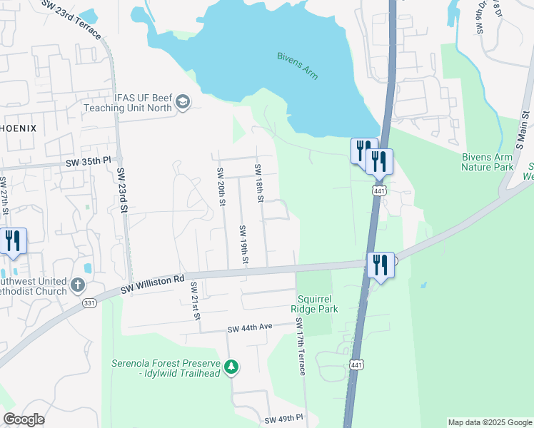 map of restaurants, bars, coffee shops, grocery stores, and more near 3815 Southwest 18th Street in Gainesville