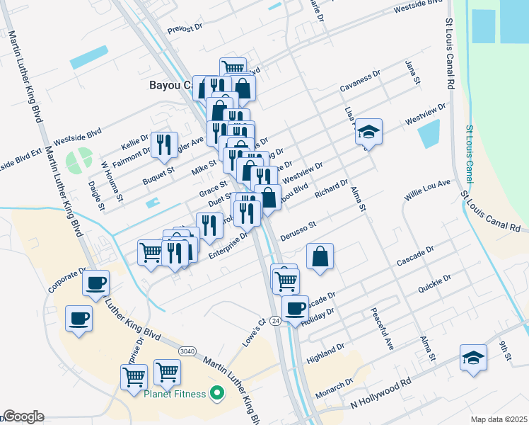 map of restaurants, bars, coffee shops, grocery stores, and more near 106 Malibou Boulevard in Houma