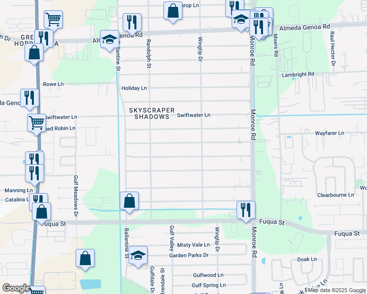 map of restaurants, bars, coffee shops, grocery stores, and more near 8216 Saylynn Lane in Houston