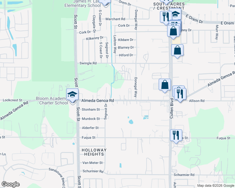 map of restaurants, bars, coffee shops, grocery stores, and more near 3721 Almeda-Genoa Road in Houston