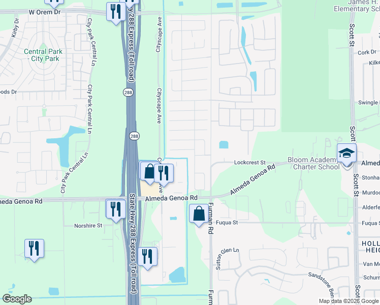 map of restaurants, bars, coffee shops, grocery stores, and more near 2658 Skyview Shadow Court in Houston