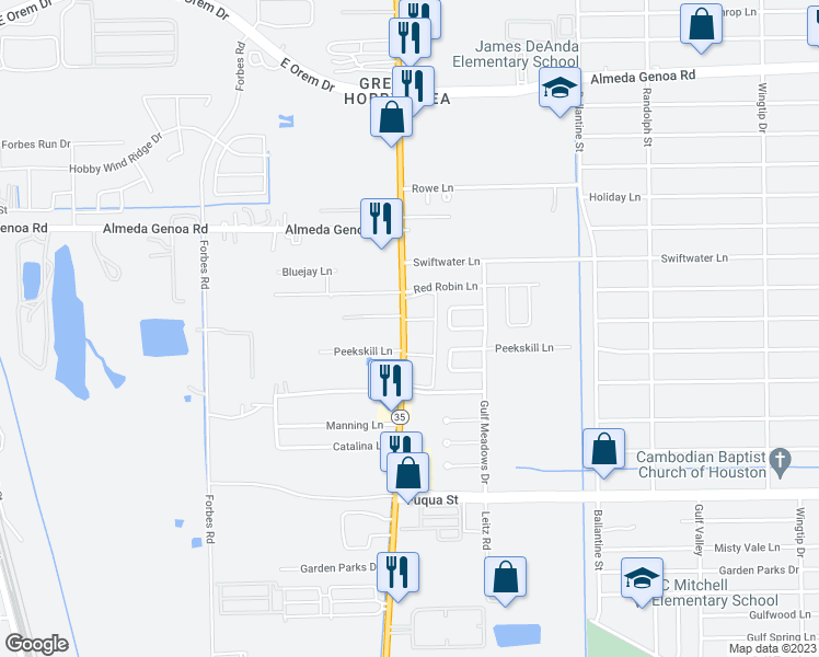 map of restaurants, bars, coffee shops, grocery stores, and more near 35 Texas 35 in Houston