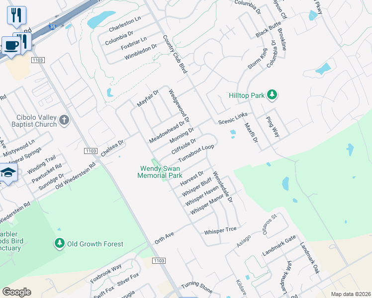 map of restaurants, bars, coffee shops, grocery stores, and more near 3418 Cliffside Drive in Schertz