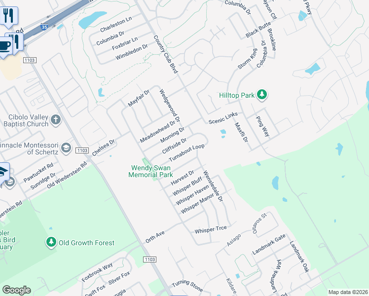 map of restaurants, bars, coffee shops, grocery stores, and more near 3418 Cliffside Drive in Schertz
