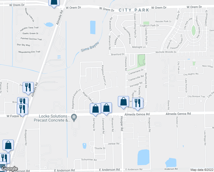 map of restaurants, bars, coffee shops, grocery stores, and more near 13127 Kingston Point Lane in Houston