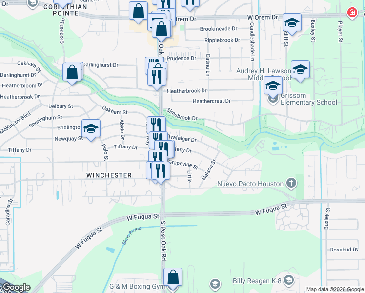 map of restaurants, bars, coffee shops, grocery stores, and more near 5414 Tiffany Drive in Houston