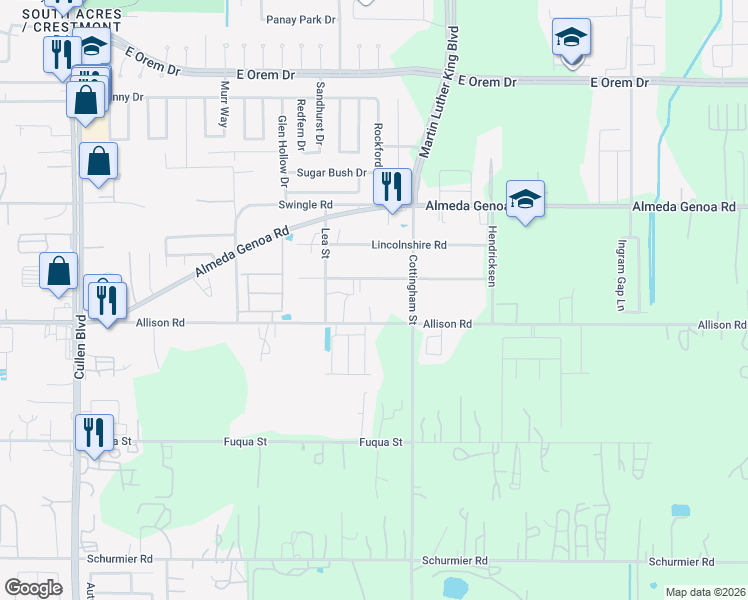 map of restaurants, bars, coffee shops, grocery stores, and more near 4630 Glengarry Road in Houston