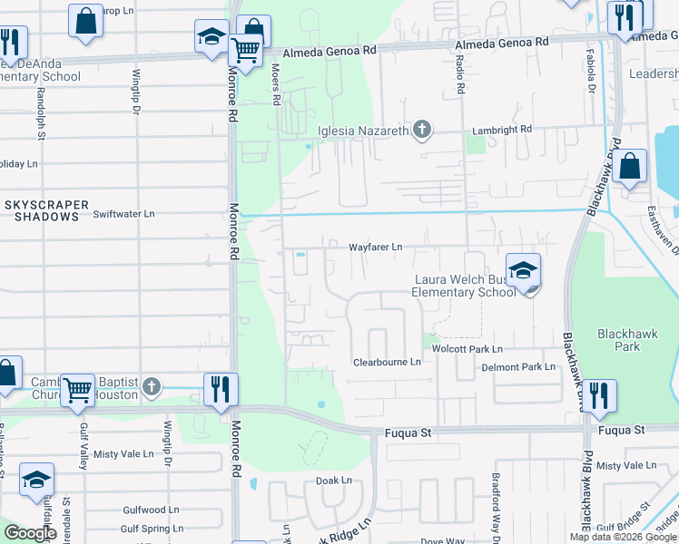 map of restaurants, bars, coffee shops, grocery stores, and more near 10119 Mellenbrook Lane in Houston