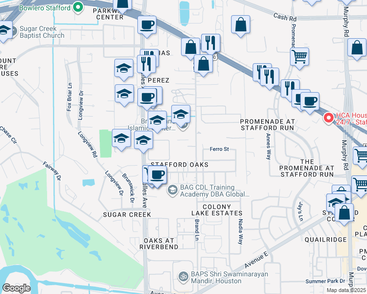 map of restaurants, bars, coffee shops, grocery stores, and more near 646 Brand Lane in Stafford