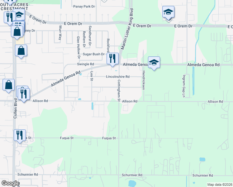 map of restaurants, bars, coffee shops, grocery stores, and more near 13230 Cottingham Street in Houston