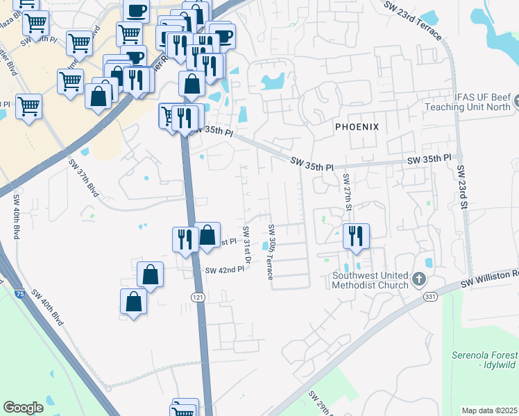 map of restaurants, bars, coffee shops, grocery stores, and more near 3024 Southwest 41st Lane in Gainesville
