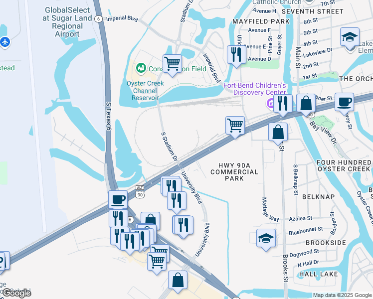 map of restaurants, bars, coffee shops, grocery stores, and more near 7705 U.S. 90 Alternate in Sugar Land