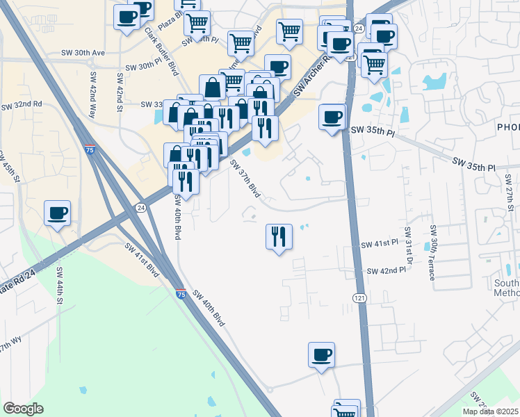 map of restaurants, bars, coffee shops, grocery stores, and more near 4000 Southwest 37 Boulevard in Gainesville