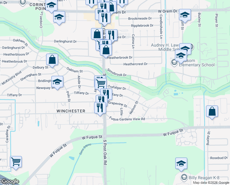 map of restaurants, bars, coffee shops, grocery stores, and more near 5414 Tiffany Drive in Houston