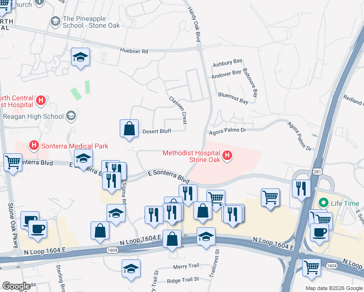 map of restaurants, bars, coffee shops, grocery stores, and more near Meisner Dr in San Antonio