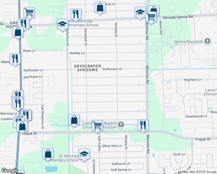 map of restaurants, bars, coffee shops, grocery stores, and more near 8216 Saylynn Lane in Houston