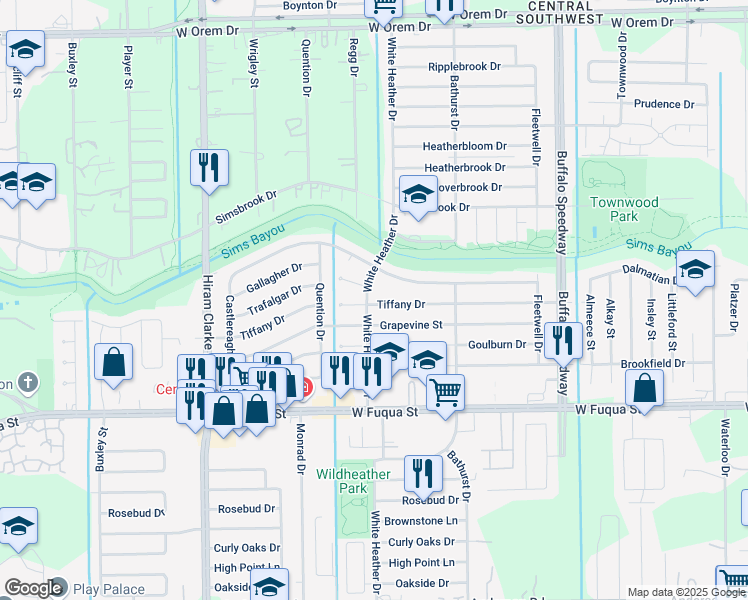 map of restaurants, bars, coffee shops, grocery stores, and more near 14427 White Heather Drive in Houston