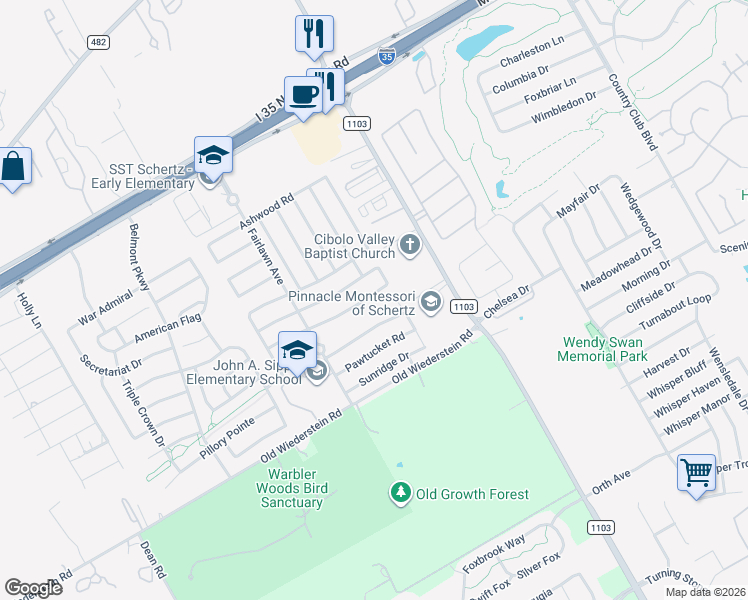 map of restaurants, bars, coffee shops, grocery stores, and more near 2956 Mineral Springs in Schertz