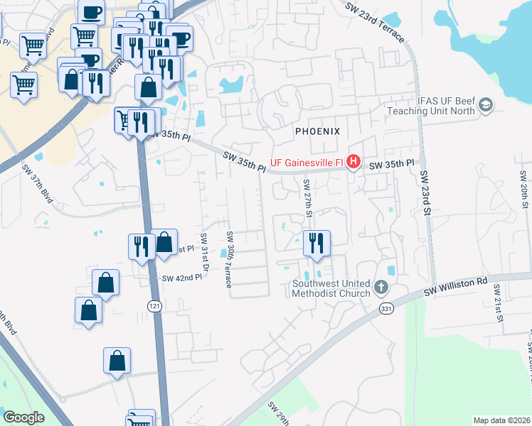 map of restaurants, bars, coffee shops, grocery stores, and more near 3611 Southwest 28th Terrace in Gainesville