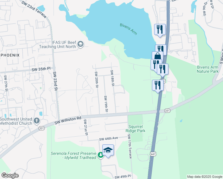 map of restaurants, bars, coffee shops, grocery stores, and more near 3815 Southwest 18th Street in Gainesville