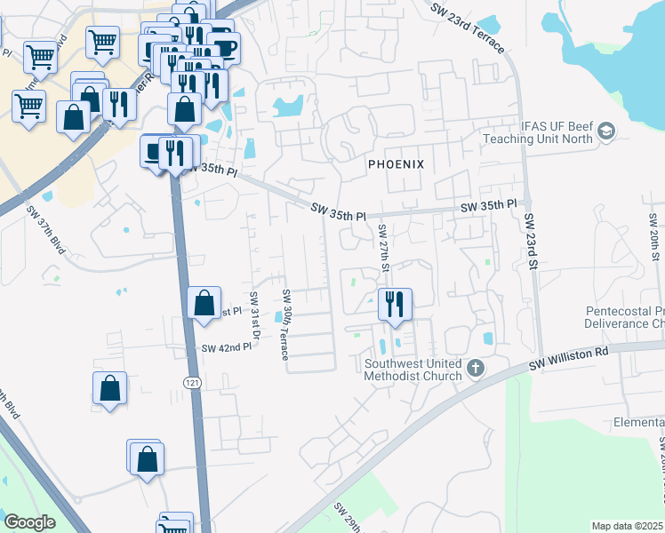 map of restaurants, bars, coffee shops, grocery stores, and more near 3611 Southwest 28th Terrace in Gainesville