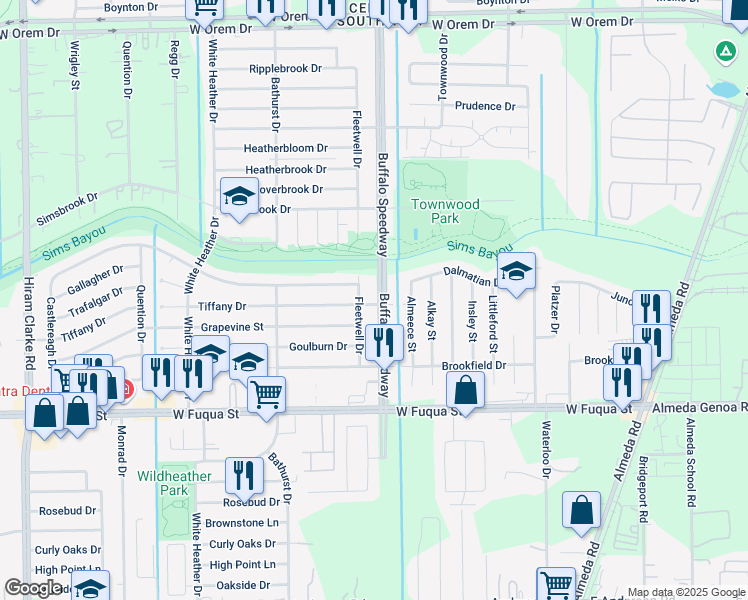 map of restaurants, bars, coffee shops, grocery stores, and more near 14327 Fleetwell Drive in Houston
