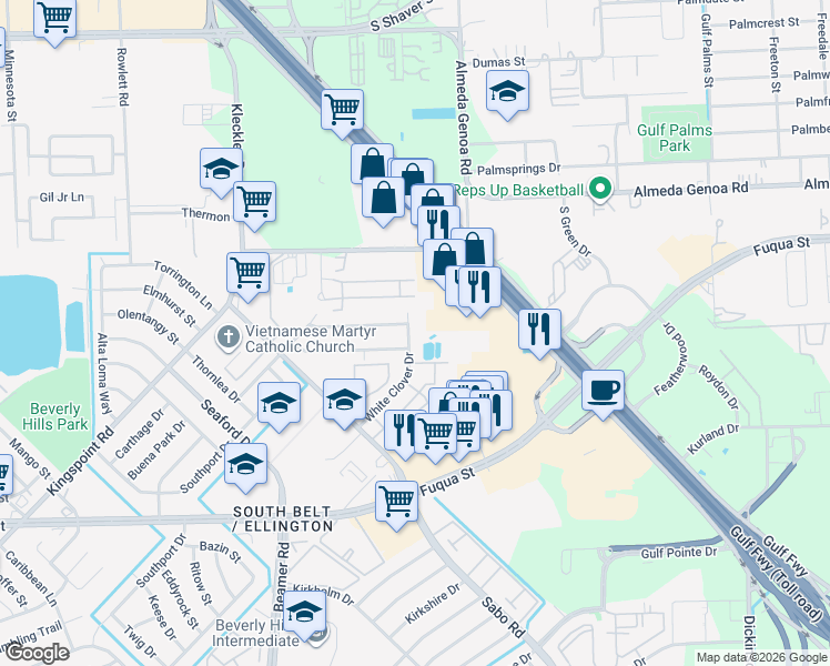 map of restaurants, bars, coffee shops, grocery stores, and more near 10407 White Clover Drive in Houston